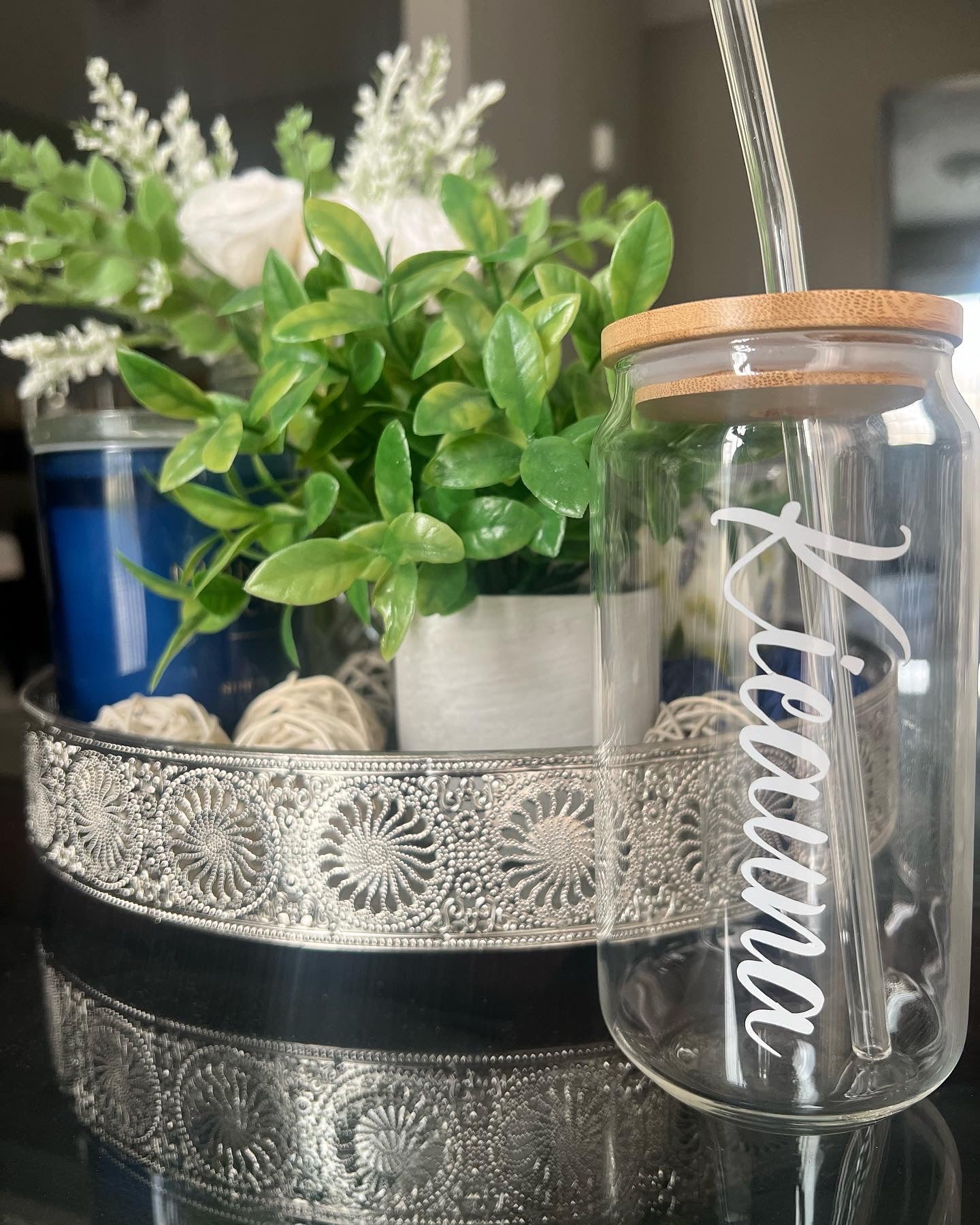 Personalized Glass Can with Lid & Straw